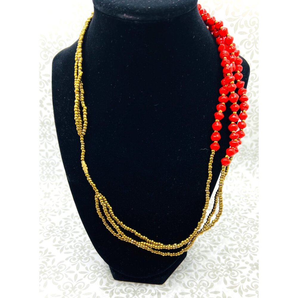 Handcrafted Beaded Necklace Red & Gold Tones Multi-Strand Twist Clasp 10.5” - Picture 2 of 3